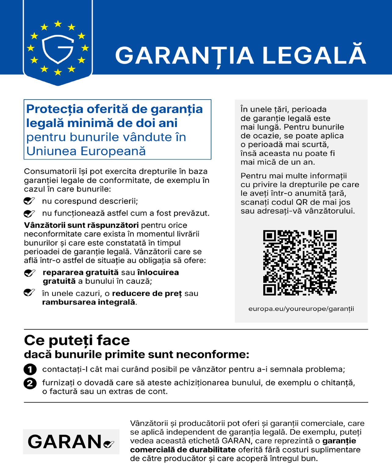Notificare armonizată a Uniunii Europene privind garanția legală de conformitate: cel puțin 2 ani