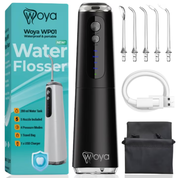 Irigator Bucal Woya WP01, 4 Moduri, 5 Capete, Rezervor 280 ml, Negru