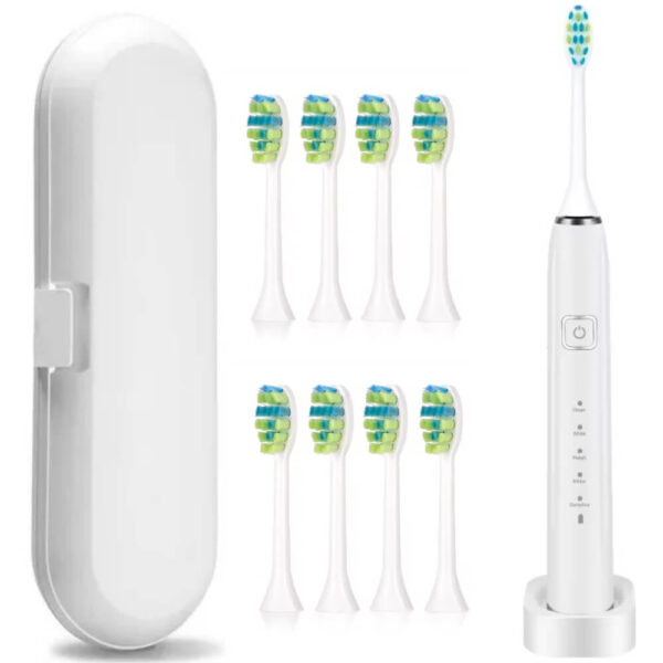 Periuta de dinti electrica Woya Smart Sonic EA312, 5 Moduri, 8 Capete, Etui Voiaj si Baza de incarcare, 38000 vpm, IPX7 – Alb