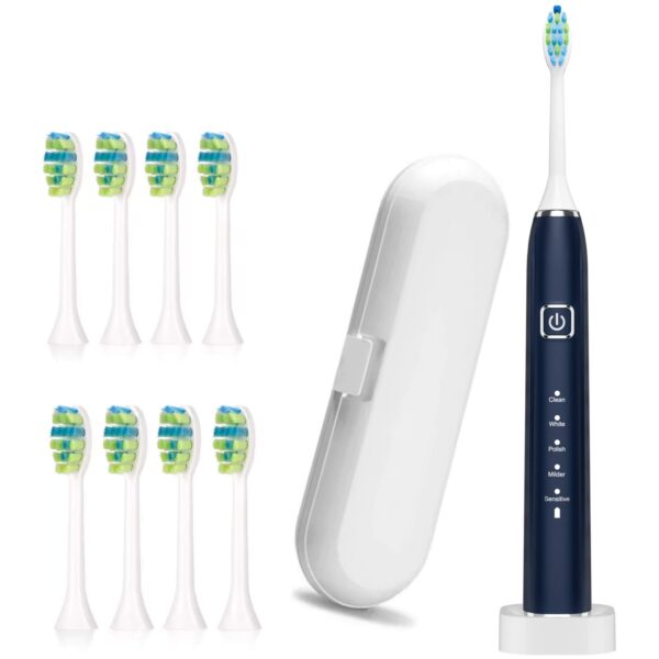 Periuta de dinti electrica Woya Smart Sonic EA312, 5 Moduri, 8 Capete, Etui Voiaj si Baza de incarcare, 38000 vpm, IPX7 – Albastru Inchis
