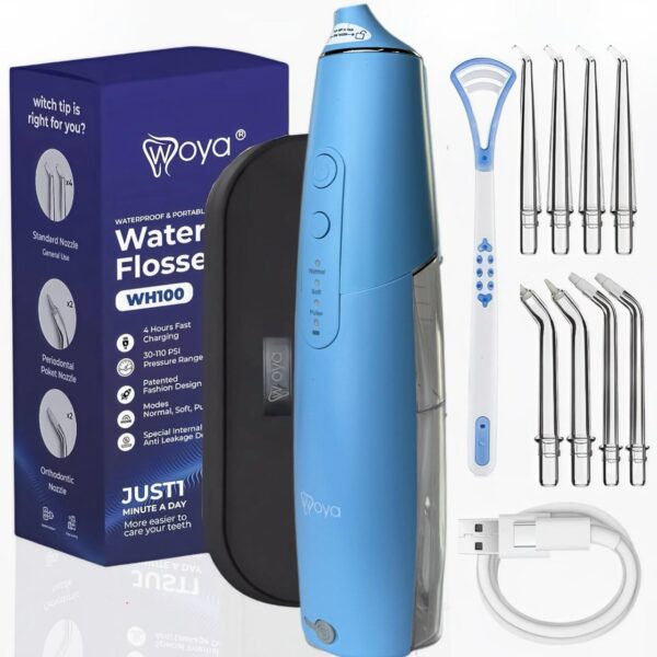 Irigator Bucal Woya WH100, 6 Moduri, 8 Capete, Rezervor 210 ml, Albastru