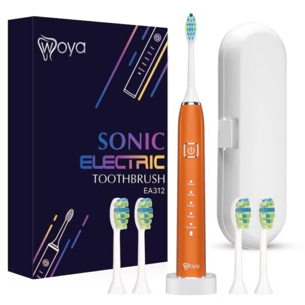 Periuta de dinti electrica Woya Smart Sonic EA312, 5 Moduri, 4 Capete, Etui Voiaj si Baza de incarcare, 38000 vpm, IPX7 – Portocaliu
