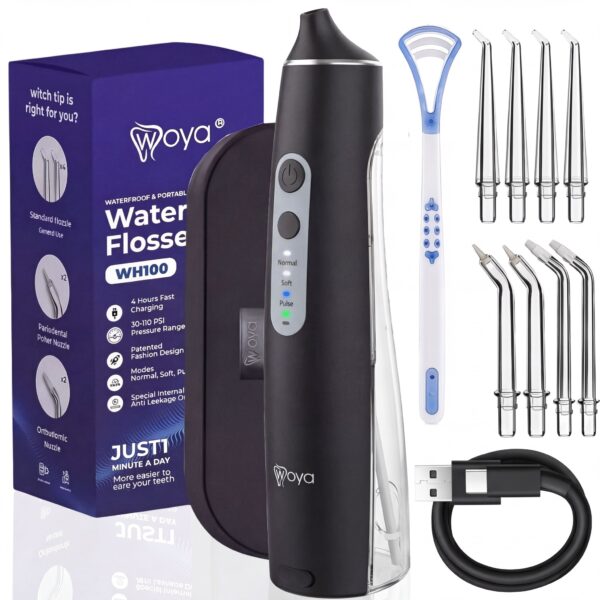 Irigator bucal Woya WH100 negru, ambalaj și accesorii