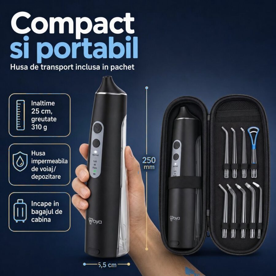 Irigator bucal Woya WH100 negru, compact, cu husă de transport