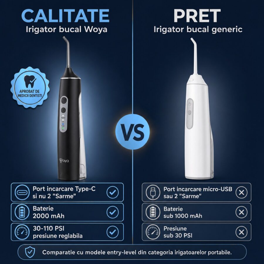 Irigator bucal Woya WH100 negru, comparație cu un irigator generic