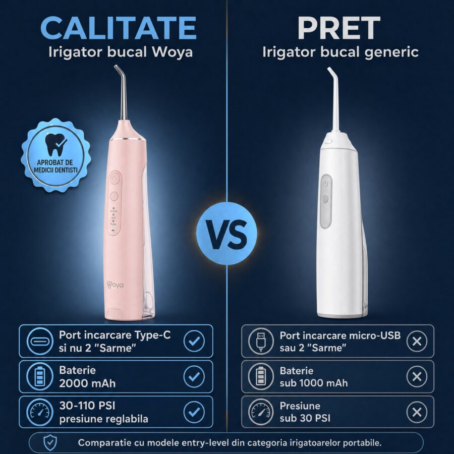 Irigator bucal Woya WH100 roz, comparație cu un irigator generic