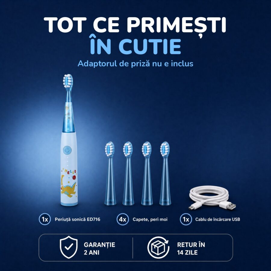Ce primești în cutie cu periuța Woya ED716 albastră: 4 capete cu peri moi și cablu USB