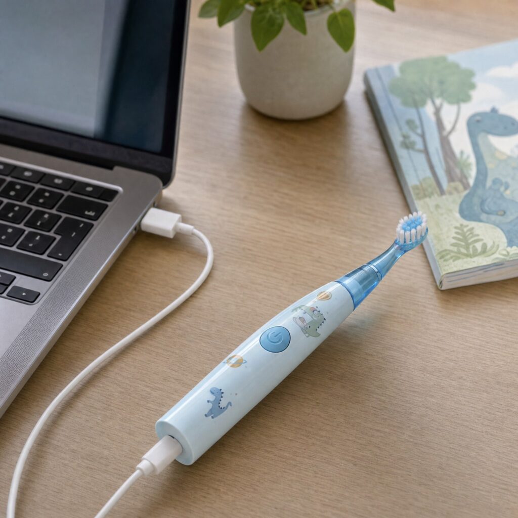 Periuța pentru copii Woya ED716 albastră încărcată cu cablul USB de la laptop