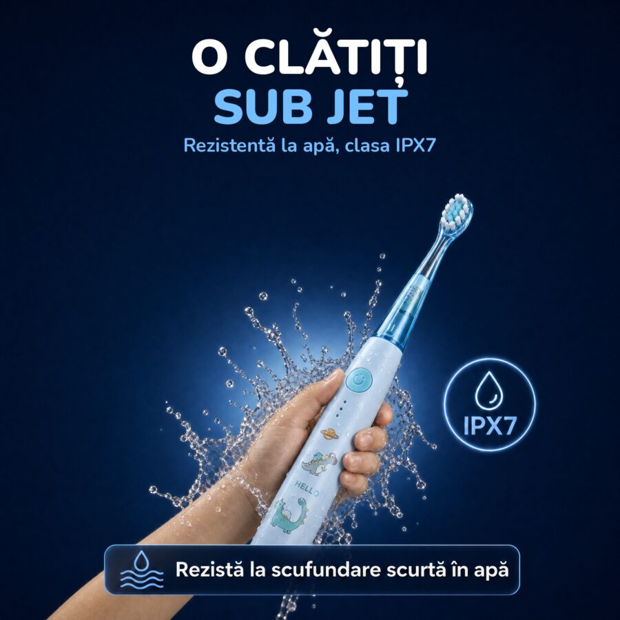 Periuța pentru copii Woya ED716 albastră clătită sub jet de apă, rezistentă la apă IPX7