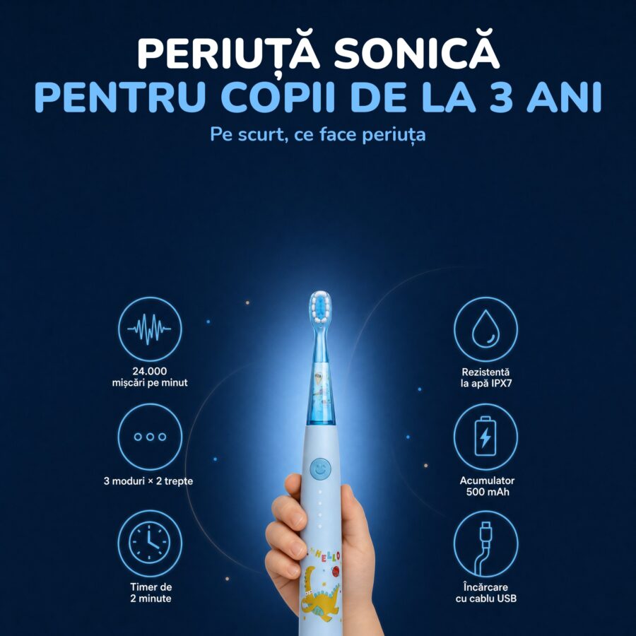 Periuța pentru copii Woya ED716 albastră: 24.000 de mișcări pe minut, IPX7, acumulator 500 mAh, încărcare USB