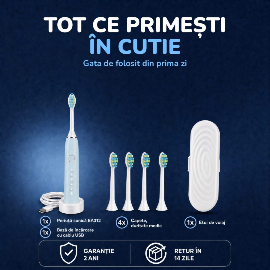 Ce primești în cutie cu periuța Woya EA312 albastru deschis: bază de încărcare, 4 capete, etui de voiaj