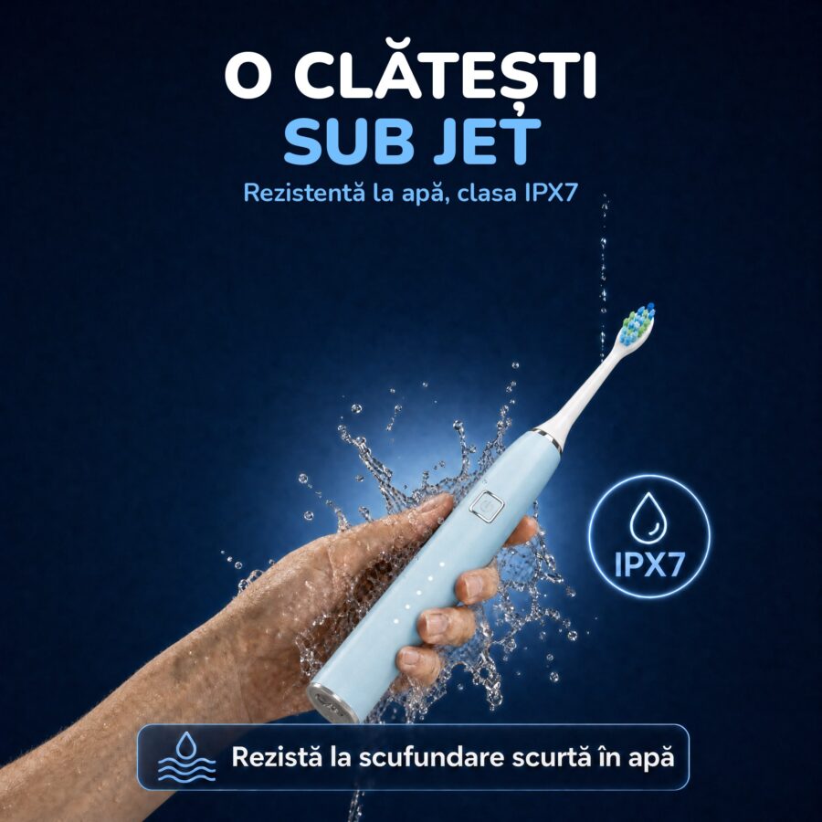 Periuța Woya EA312 albastru deschis clătită sub jet de apă, rezistentă la apă IPX7