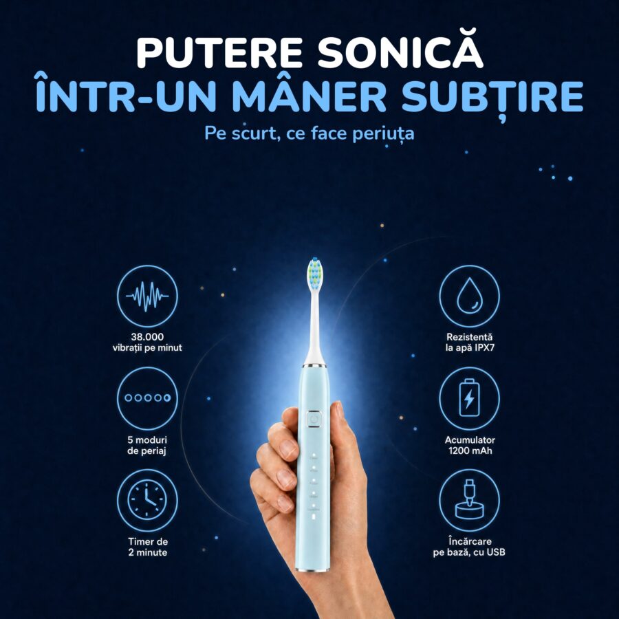 Periuța Woya EA312 albastru deschis: 38.000 de vibrații pe minut, 5 moduri, IPX7, acumulator 1200 mAh