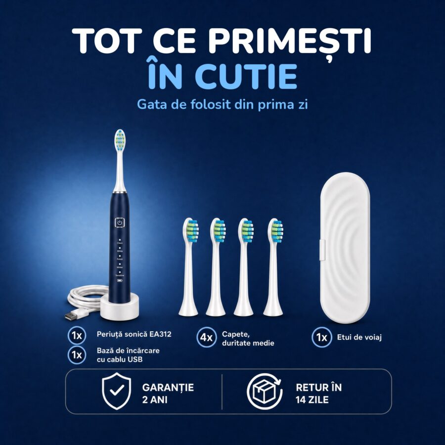 Ce primești în cutie cu periuța Woya EA312 albastru închis: bază de încărcare, 4 capete, etui de voiaj