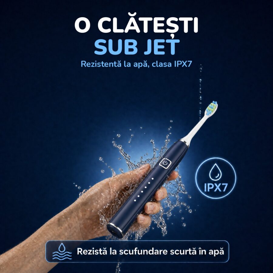 Periuța Woya EA312 albastru închis clătită sub jet de apă, rezistentă la apă IPX7