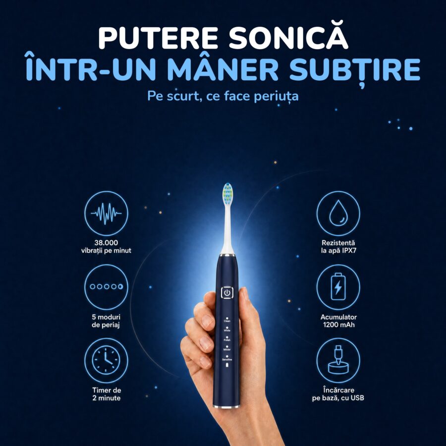 Periuța Woya EA312 albastru închis: 38.000 de vibrații pe minut, 5 moduri, IPX7, acumulator 1200 mAh