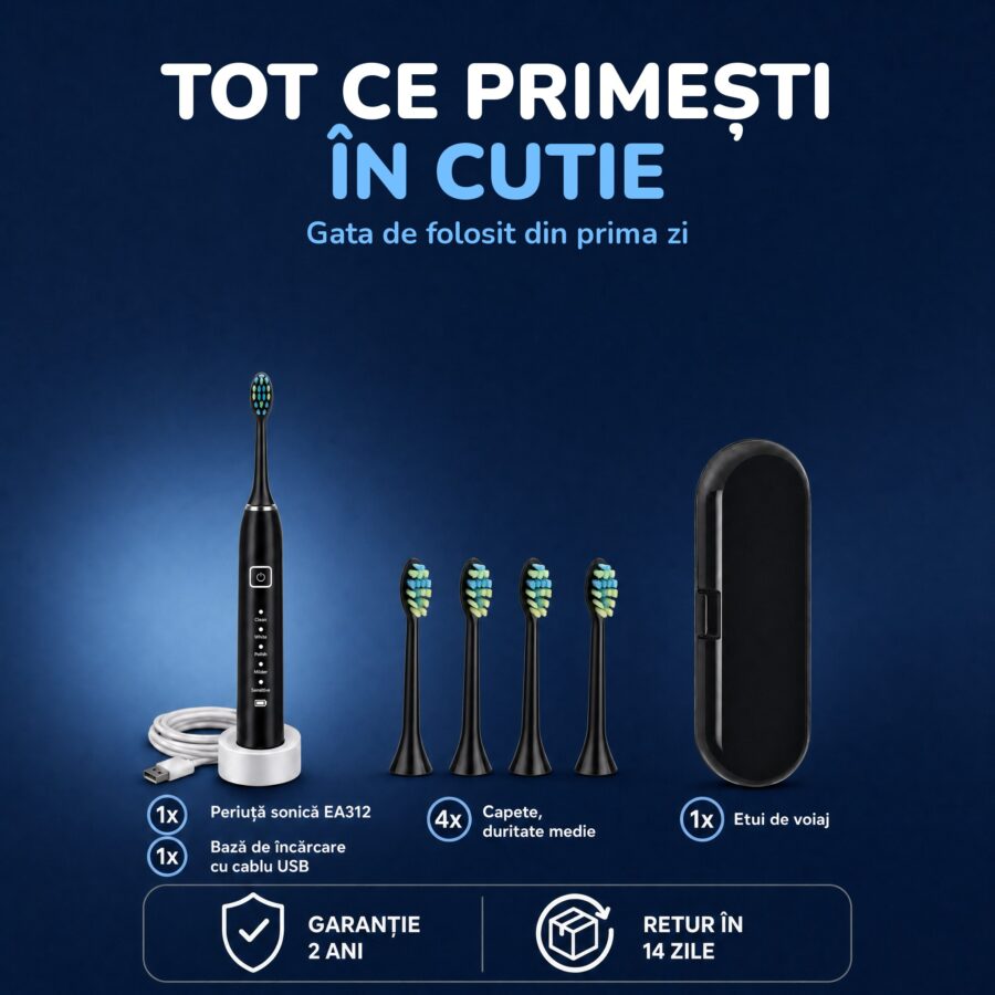 Ce primești în cutie cu periuța Woya EA312 neagră: bază de încărcare, 4 capete, etui de voiaj