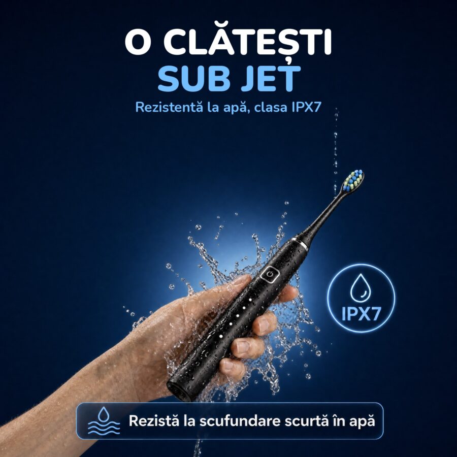 Periuța Woya EA312 neagră clătită sub jet de apă, rezistentă la apă IPX7