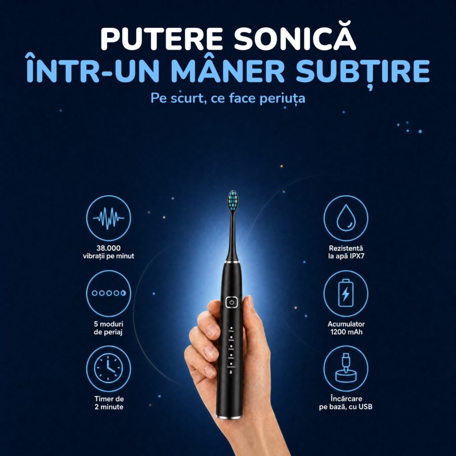 Periuța Woya EA312 neagră: 38.000 de vibrații pe minut, 5 moduri, IPX7, acumulator 1200 mAh