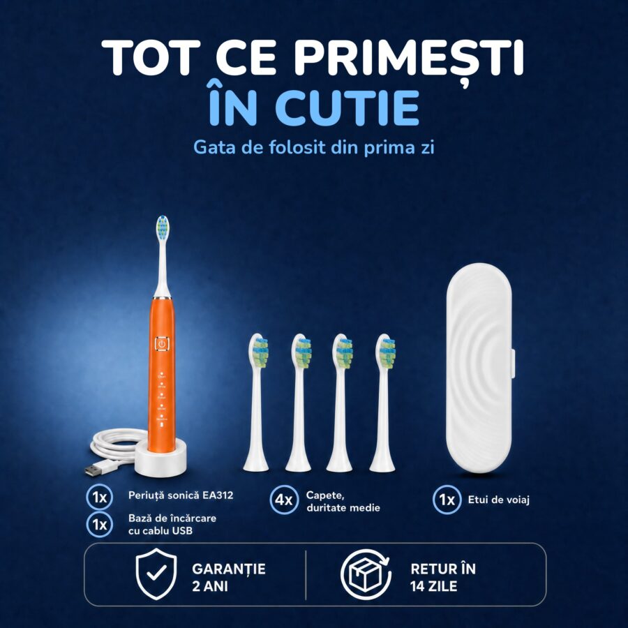 Ce primești în cutie cu periuța Woya EA312 portocalie: bază de încărcare, 4 capete, etui de voiaj