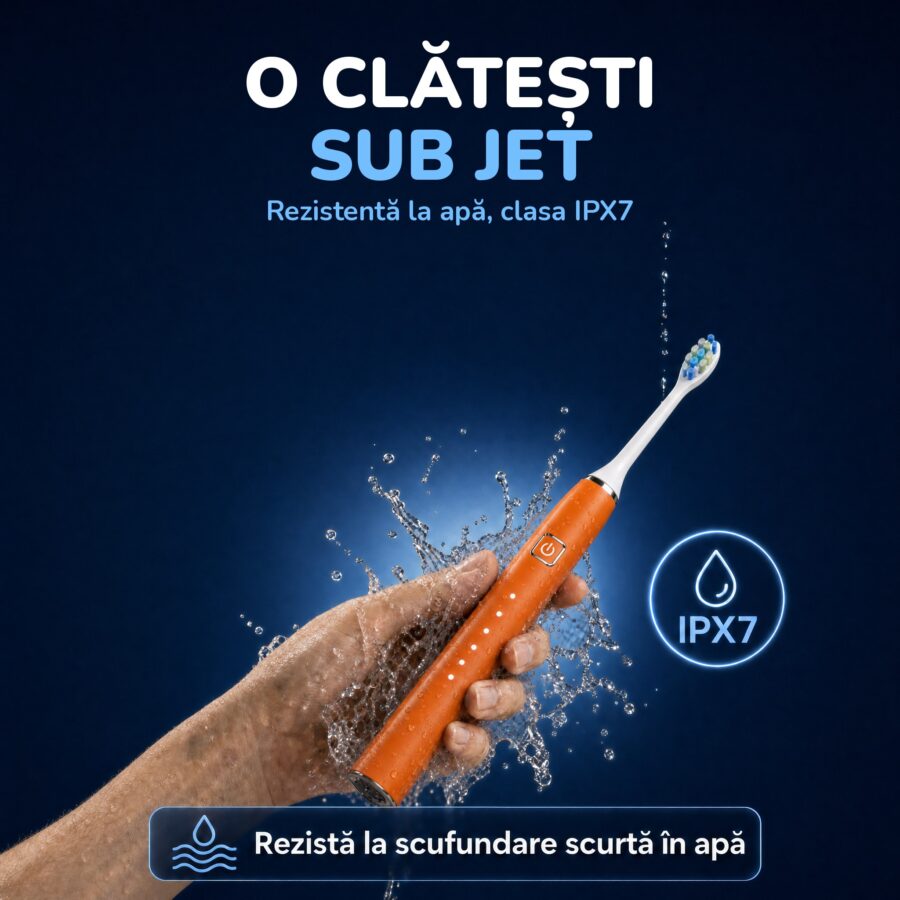 Periuța Woya EA312 portocalie clătită sub jet de apă, rezistentă la apă IPX7