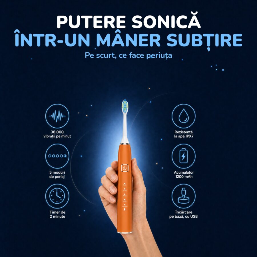 Periuța Woya EA312 portocalie: 38.000 de vibrații pe minut, 5 moduri, IPX7, acumulator 1200 mAh