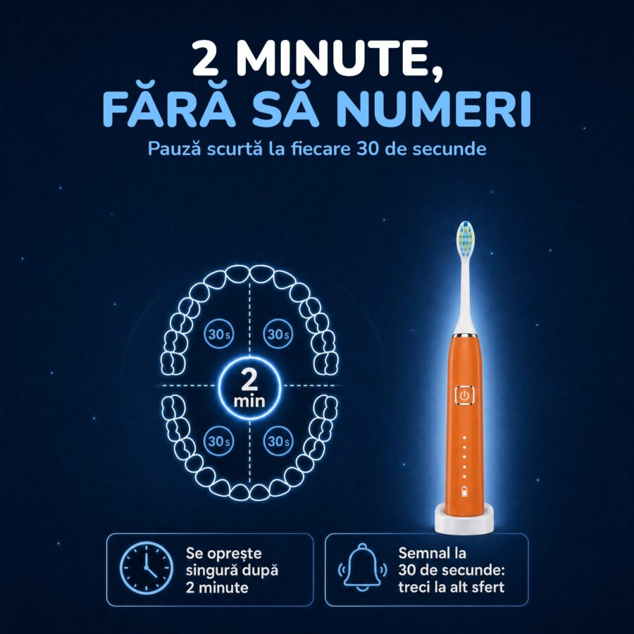 Periuța Woya EA312 portocalie, timer de 2 minute cu semnal la fiecare 30 de secunde