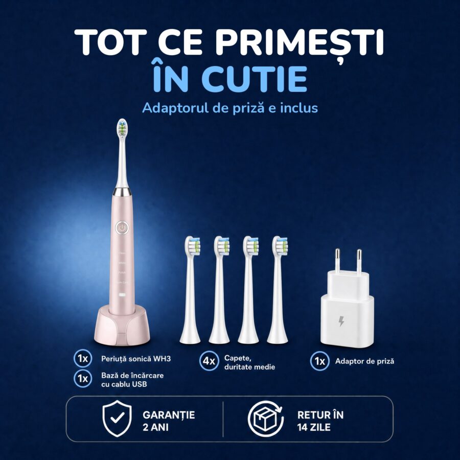 Ce primești în cutie cu periuța Woya WH3 roz: bază de încărcare, 4 capete, adaptor de priză