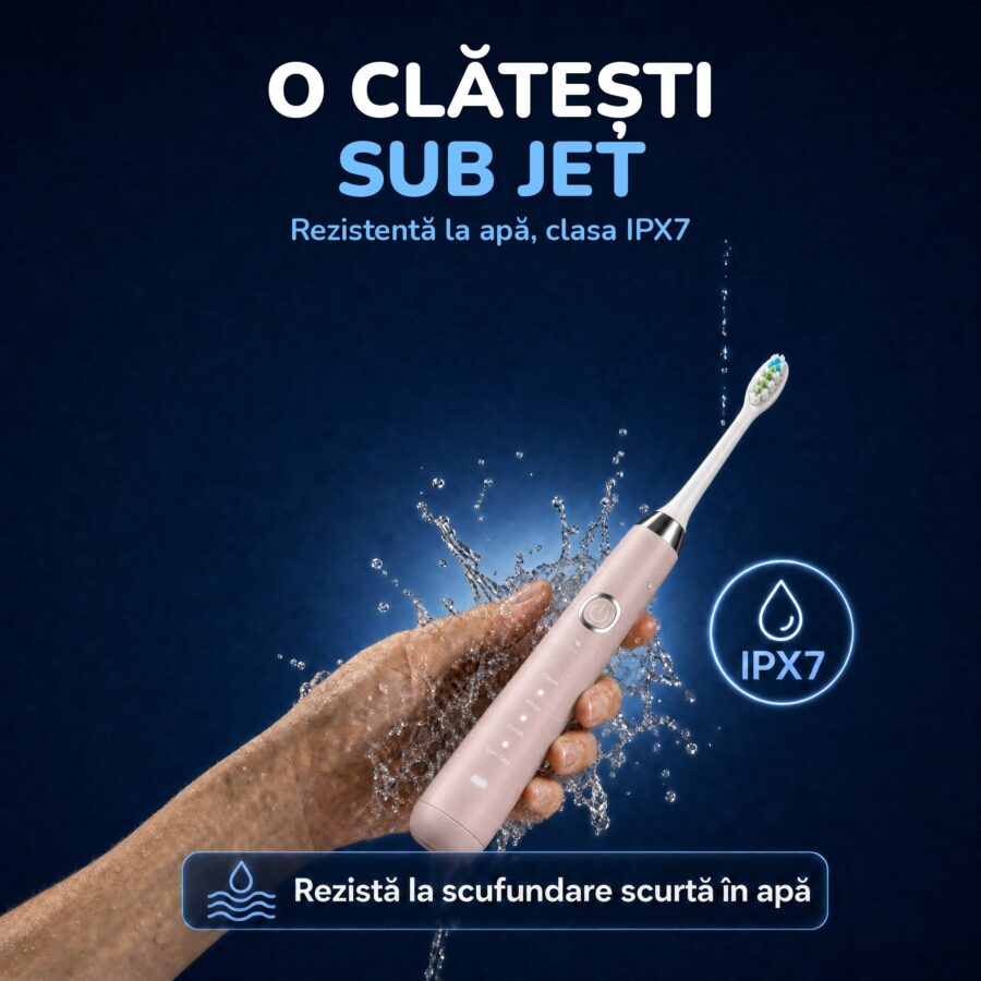 Periuța Woya WH3 roz clătită sub jet de apă, rezistentă la apă IPX7