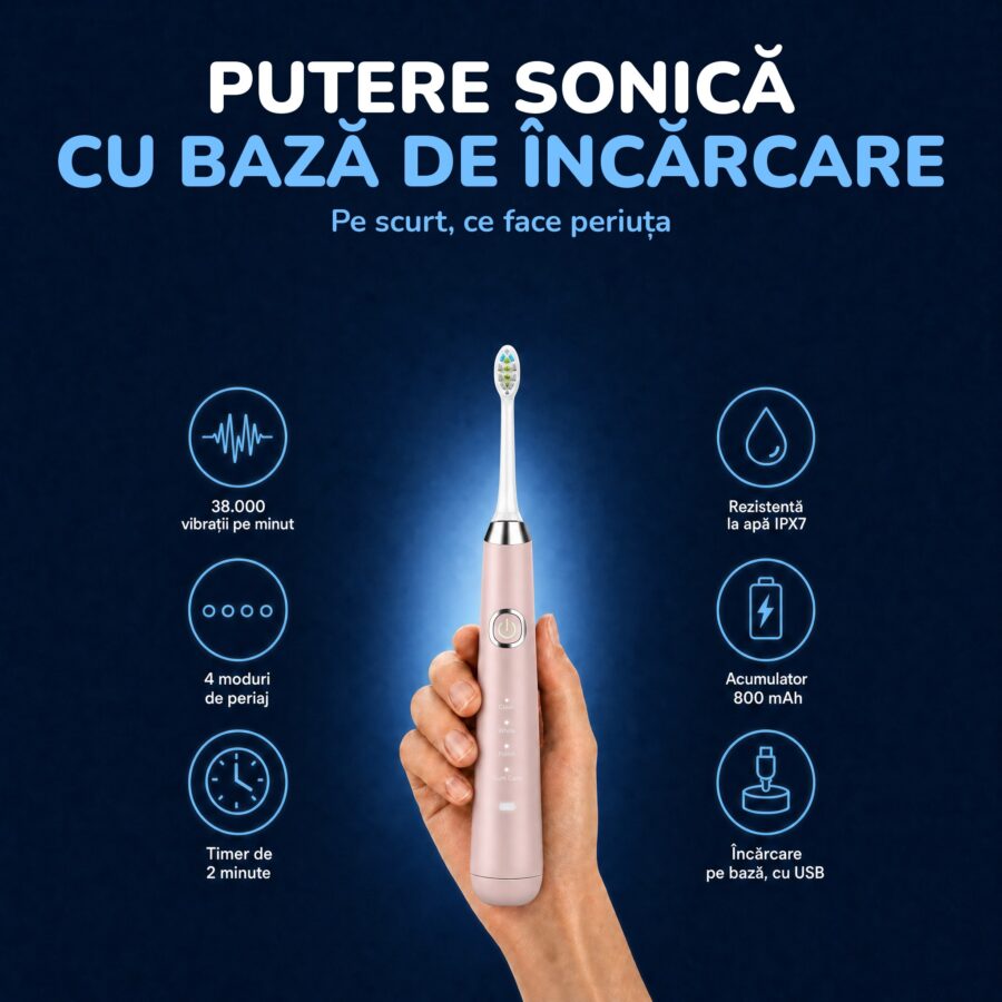 Periuța Woya WH3 roz: 38.000 de vibrații pe minut, 4 moduri, IPX7, acumulator 800 mAh