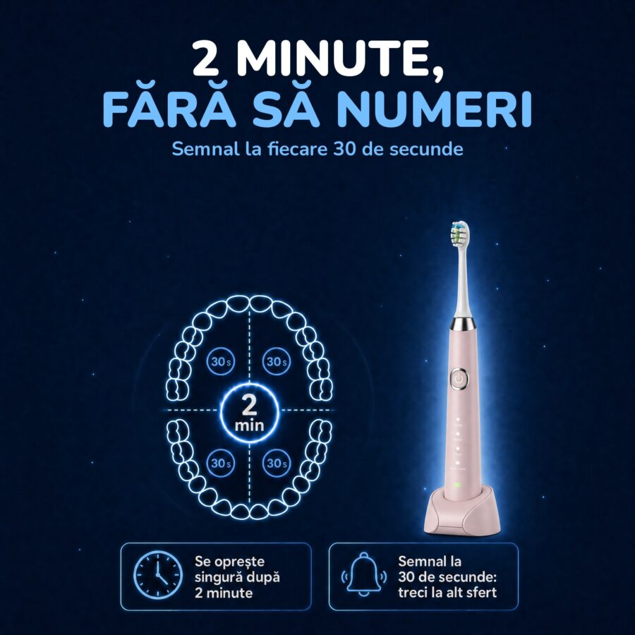 Periuța Woya WH3 roz, timer de 2 minute cu semnal la fiecare 30 de secunde