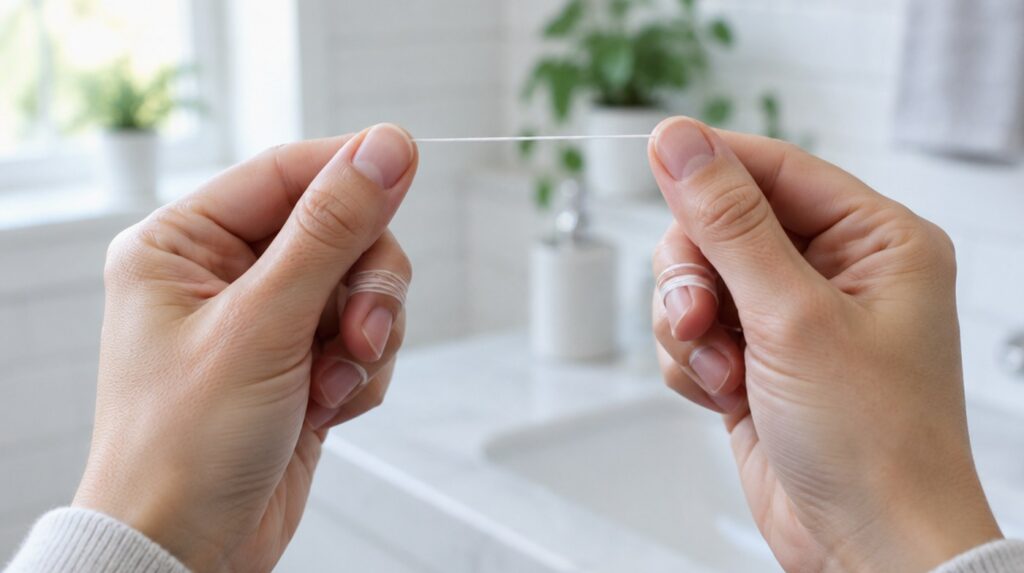 Mâini care țin întinsă o bucată de ață dentară, înfășurată pe degetele mijlocii, într-o baie luminoasă