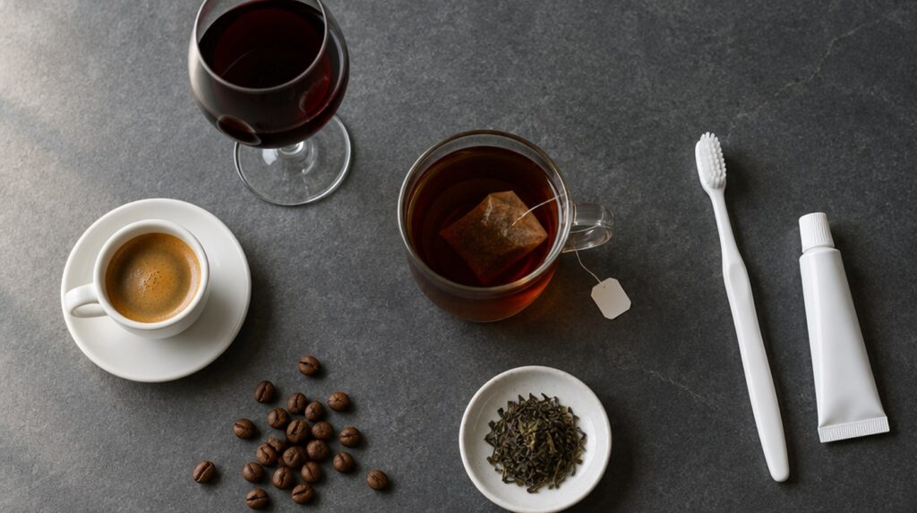 Ceașcă de espresso, pahar cu vin roșu, cană de ceai, boabe de cafea, periuță și pastă de dinți pe un blat gri, văzute de sus