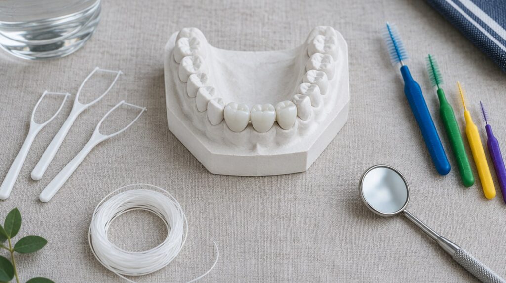Mulaj de dinți cu o punte dentară, lângă ace pentru ață, periuțe interdentare și o oglindă dentară