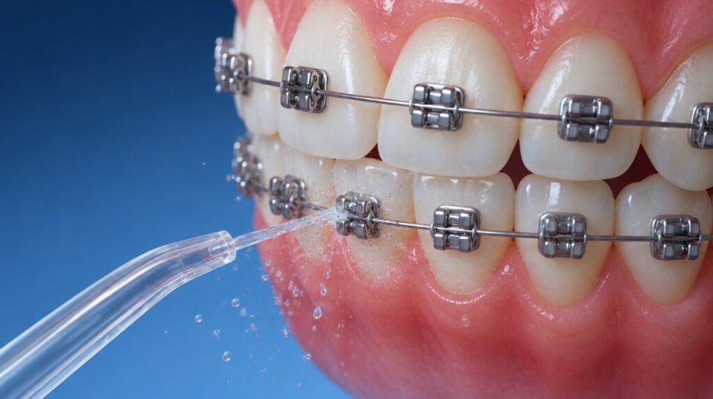 Ilustrație 3D cu dinți cu bracket-uri și jetul unui duș bucal cu vârf transparent
