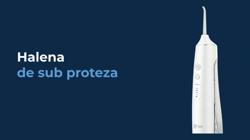 Irigatorul bucal Woya WH100 alb pe fundal bleumarin, cu titlul Halena de sub proteză