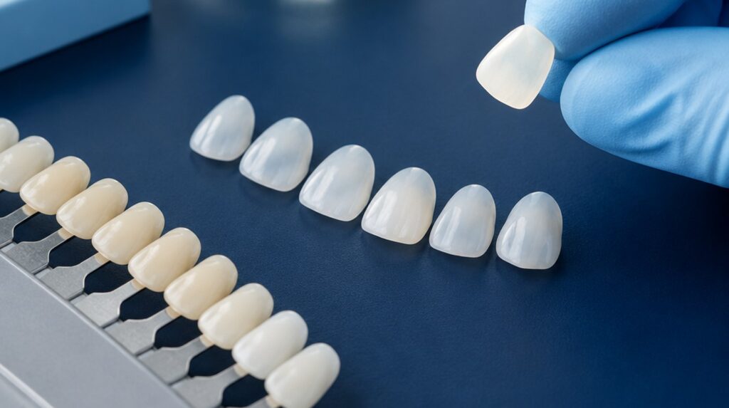 Fațete subțiri din ceramică și o paletă de nuanțe pentru dinți, pe fond bleumarin