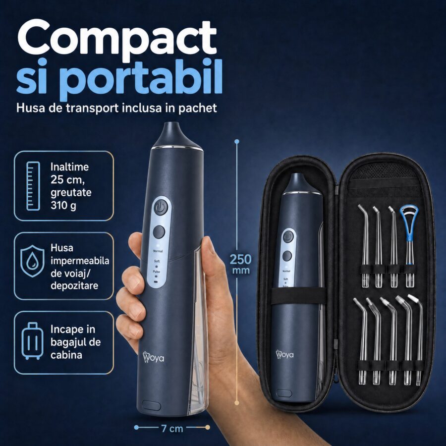 Irigator bucal Woya WH100 300 ml negru, compact, cu husă de transport