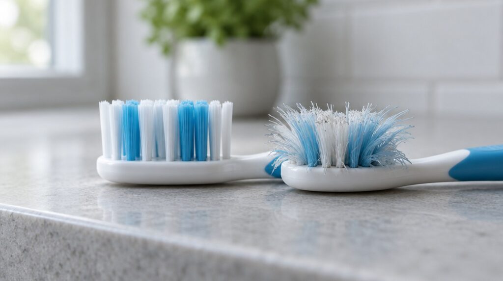 O periuță de dinți nouă, cu perii drepți, lângă una uzată, cu perii răsfirați, pe un blat de piatră din baie