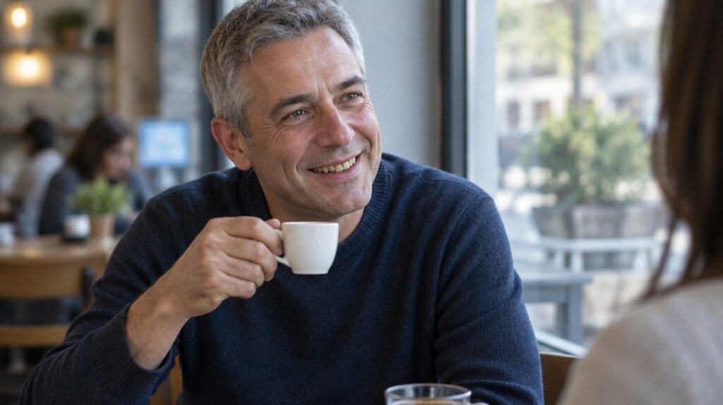 Bărbat zâmbitor la o masă de cafenea, cu o ceașcă de espresso în mână și un pahar cu ceai negru pe masă