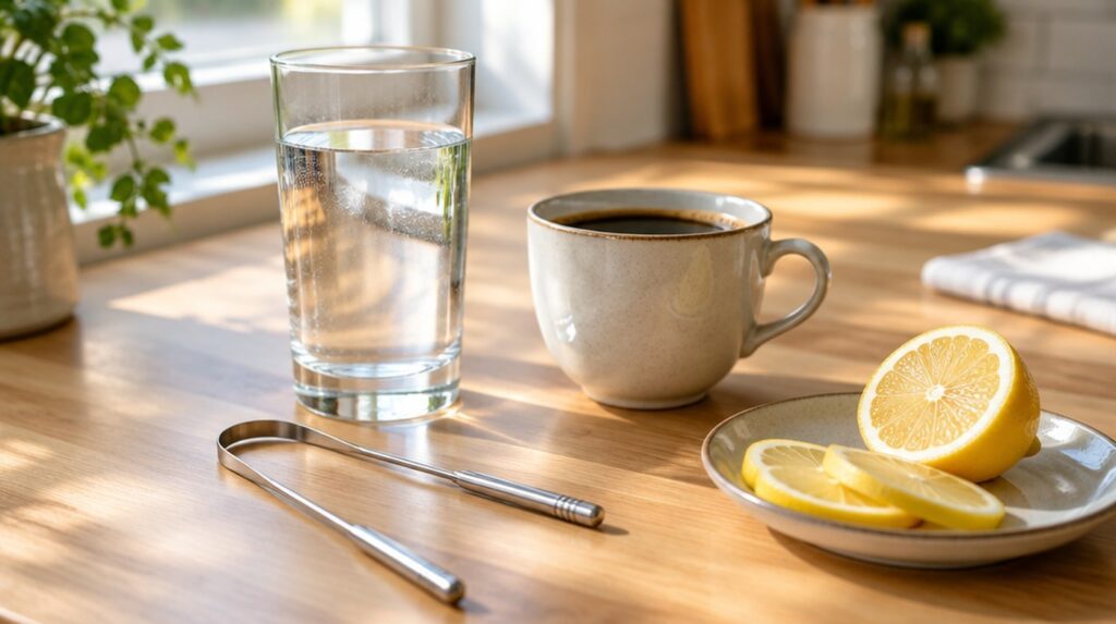 Pahar cu apă, cafea, răzuitor de limbă și lămâie pe un blat de bucătărie, dimineața